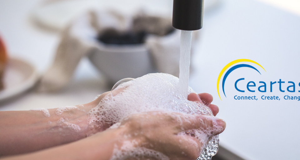 Man washing hands with Ceartas logo